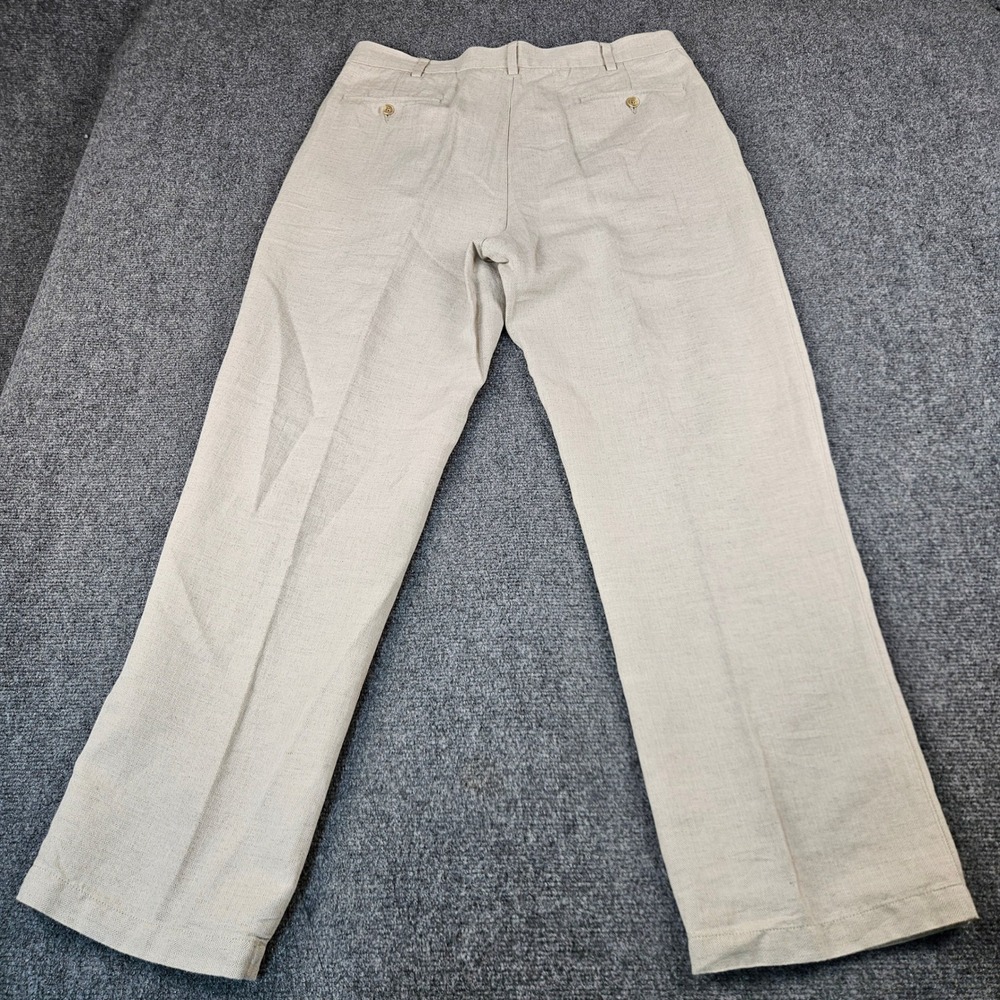 Caribbean Mens Tan Herringbone Linen Cotton Pleated Dress Pants 36x32 - Picture 2 of 10